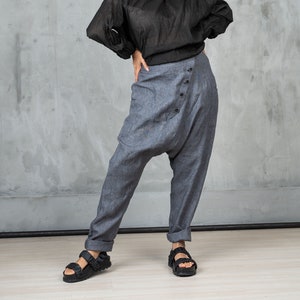 Gray melange linen harem pants women, Organic clothing navy pants for women, Capri harem pants women