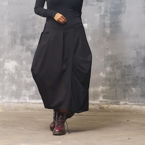 Black knitted fabric skirt mid waist, Punto Milano midi-length skirt, Avant garde skirt, Steampunk skirt, Formal skirt