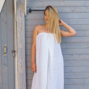 Combinaison en lin blanc sans bretelles pour femmes, salopette en lin à jambes larges boho d&#39;été avant-gardiste, vêtements en lin maxi barboteuse Palazzo, grandes tailles