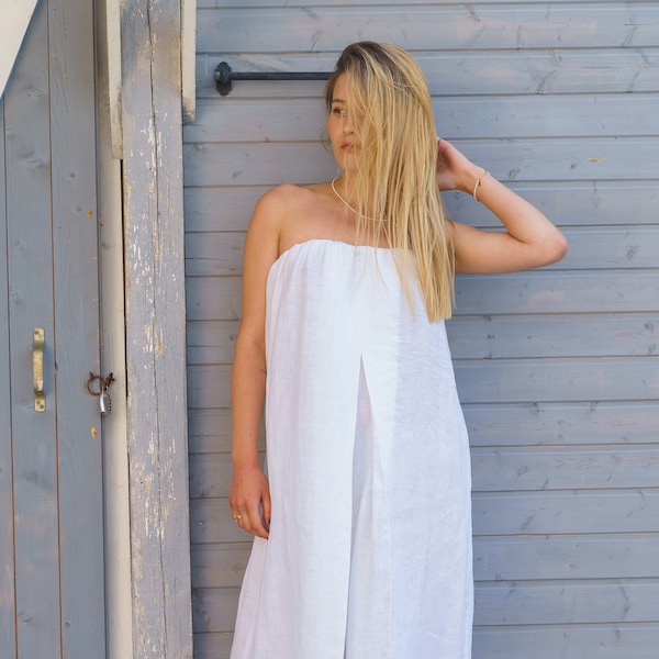 Strapless white linen jumpsuit womens, Avant garde summer boho wide leg linen overalls, Palazzo romper maxi linen clothing, Plus sizes