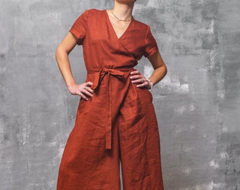 Linen jumpsuit women linen clothing women, Wrap jumpsuit womens Brick red wide leg jumpsuit, Brick red jumpsuit with belt organic clothing