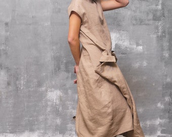 Vestido vanguardista de lino midi con bolsillos, Kaftan de lino de verano, ropa de lino, ropa japonesa, armario cápsula, moda lenta
