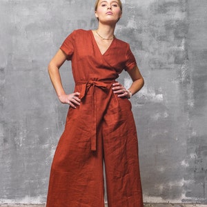Linen jumpsuit women linen clothing women, Wrap jumpsuit womens Brick red wide leg jumpsuit, Brick red jumpsuit with belt organic clothing