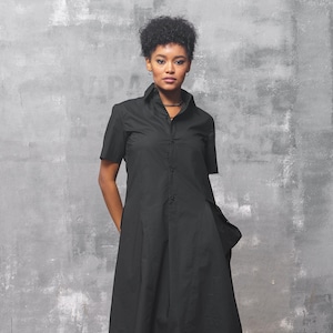 Black midi dress, cotton dress black shirt dress bohemian dress, Avant garde shirt dress black minimalistic dress, Japanese inspired dress