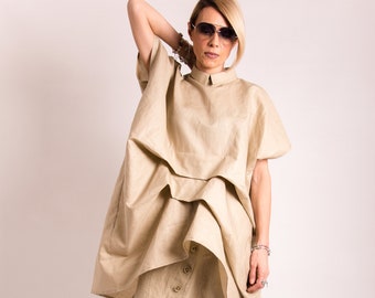 Zacht beige 100% linnen tuniek, dames linnen top avant-garde kleding, linnen overhemd, plus size tuniek top, asymmetrische kaftan, plus size shirt