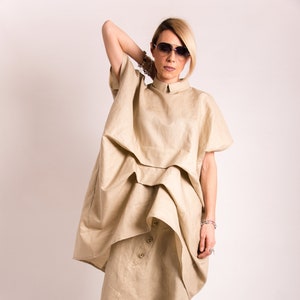 Beige Linen Tunic Top: Avant Garde Oversized Shirt