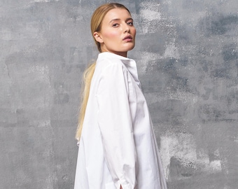 Camisa de algodón blanca asimétrica: manga larga con botones, talla grande