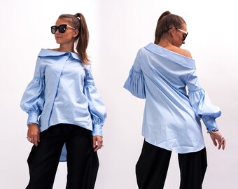 Avant garde collared shirt women, Asymmetrical shirt women, Blue long sleeve blouse women, Womens cotton top