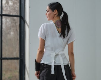 White Linen Wrap Blouse, Oeko-Tex Certified, Japanese Style, Plus Size