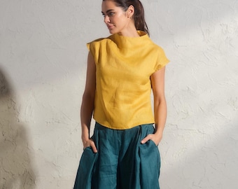 Petroleum Blue Linen Palazzo Pants, Wide Leg Skirt, Plus Size