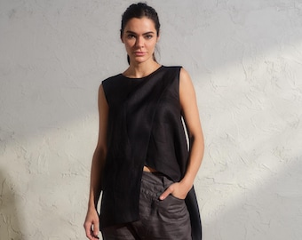 Asymmetrical black linen top women&#39;s, Summer boho blouse with overlapping layers, Avant garde linen clothing, Plus sizes, Organic clothing