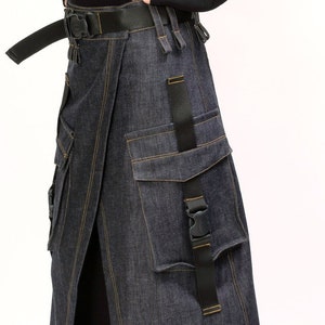Denim low waisted skirt, Extravagant wrap skirt with cargo pockets, Blue Denim skirt