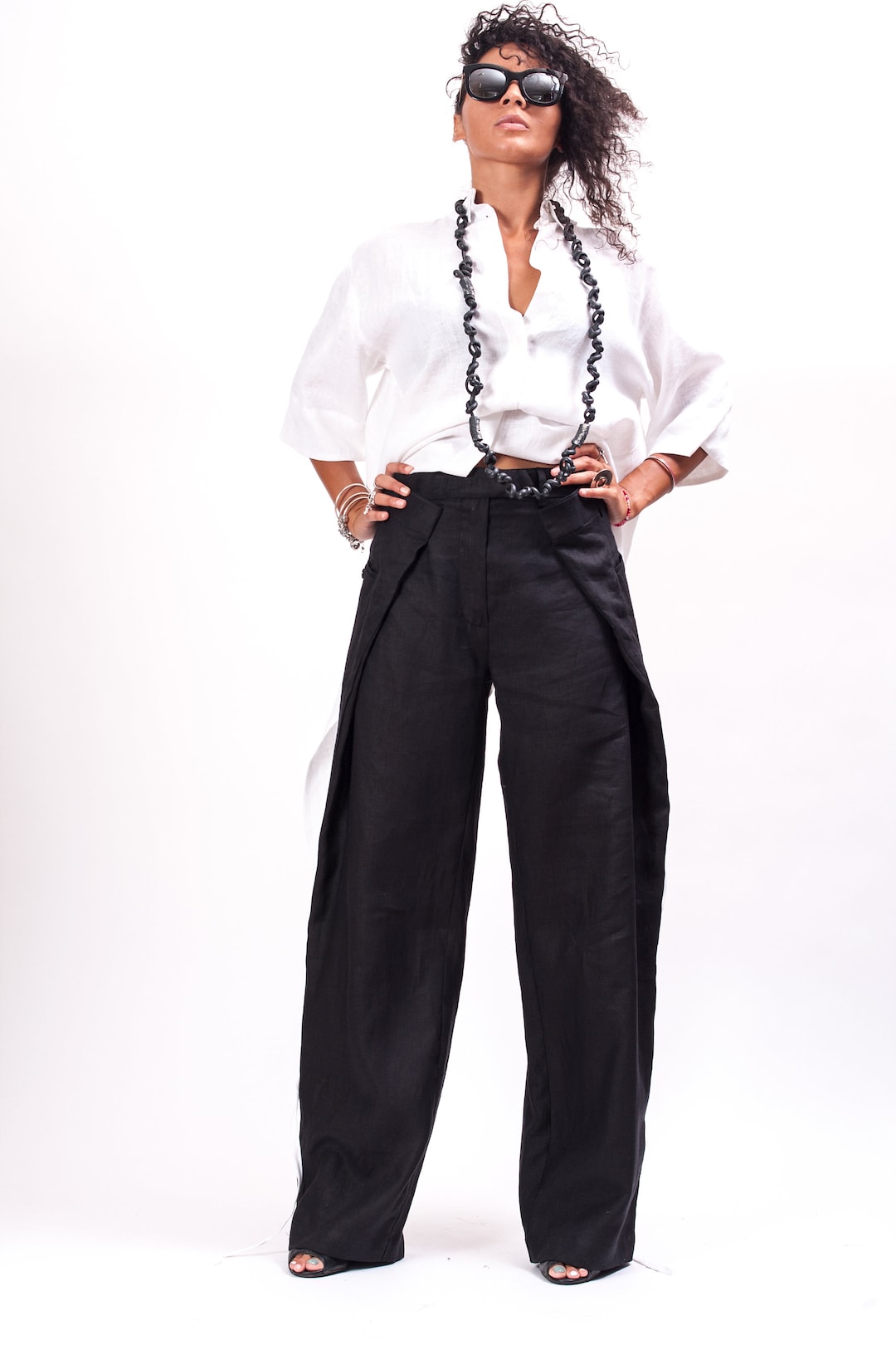 BLACK Linen Wide Leg Trousers main image 1
