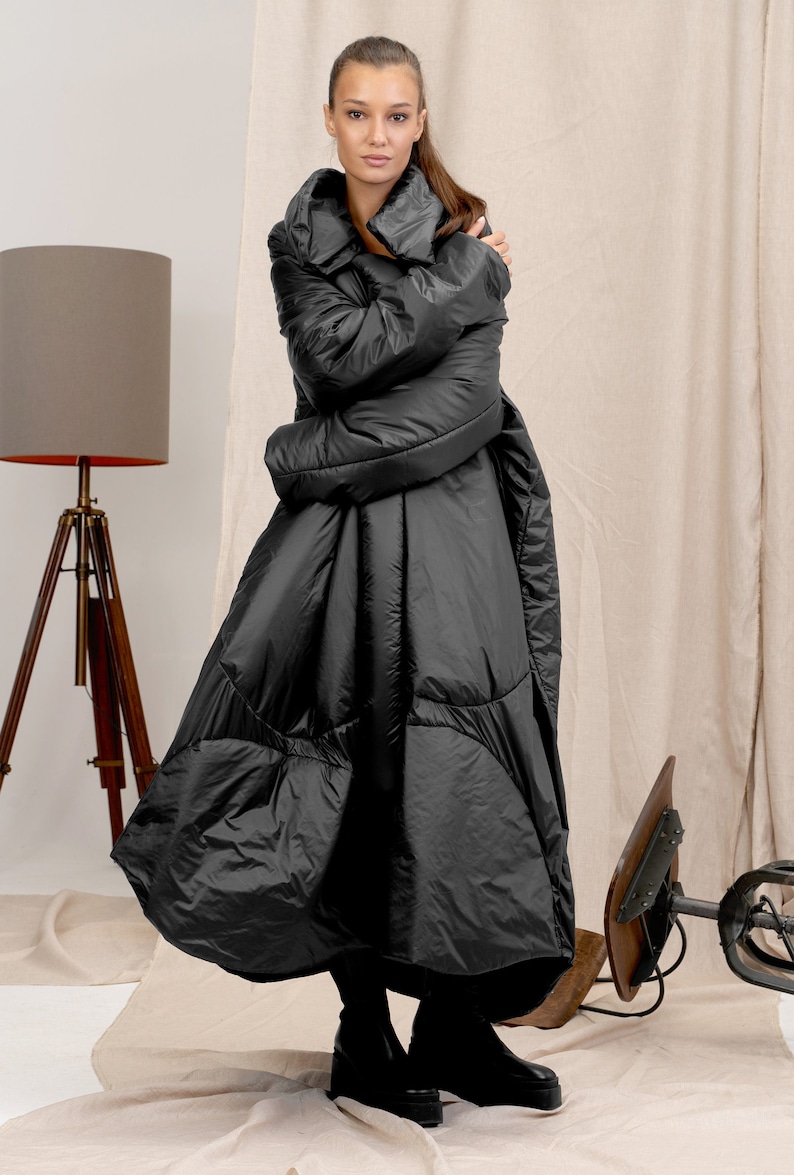 Avant garde black quilted transitional coat for women, Oversized women's puffer Jacket, Extravagant maxi coat with pockets image 8