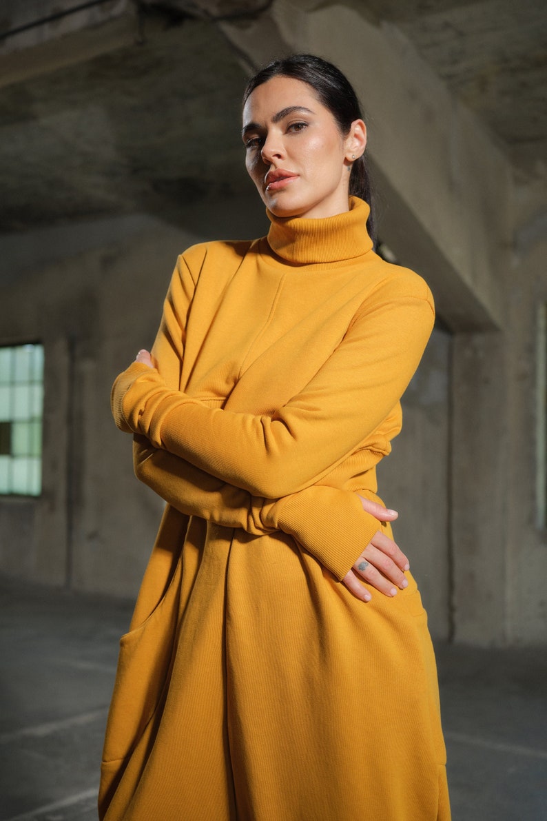 Asymmetrical set of two - cotton turtleneck top and drop crotch jumpsuit in mustard color, Organic women's plus size clothing avante garde