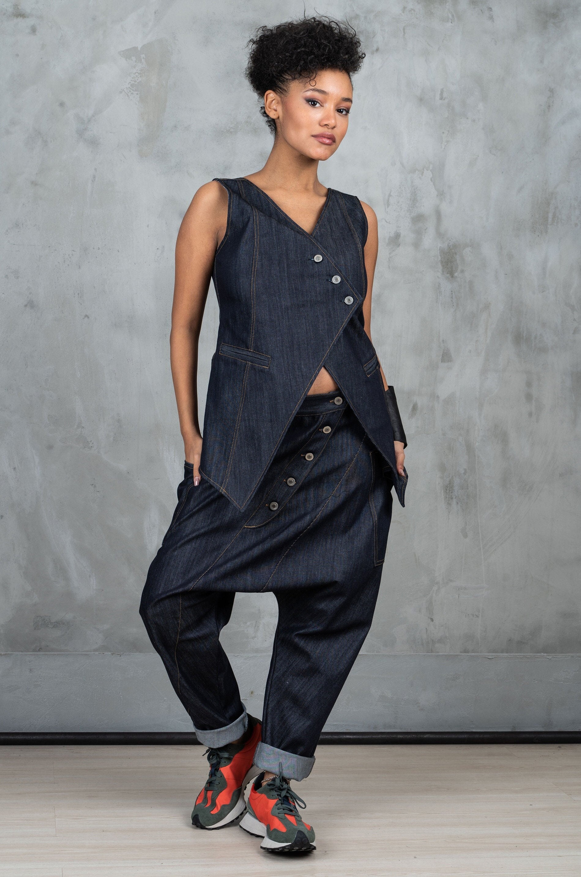 Denim harem pants women, Blue baggy denim pants women, Loose fitting pants avant garde clothing for women
