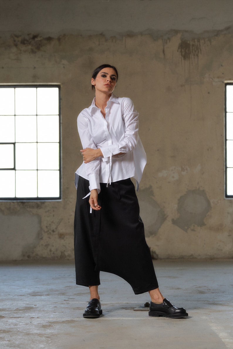 Black wool drop crotch pants with asymmetrical details, Avant-garde pants Women, Baggy pants, Minimalist urban sustainable clothing image 1