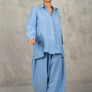 Blue linen shirt women long sleeve linen blouse women, Avant garde clothing white sparrow linen shirt women image 5