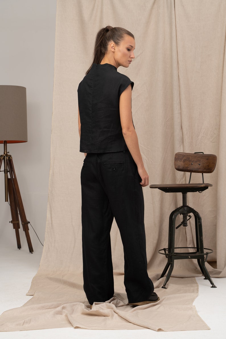 Black linen top avant garde clothing, Linen blouse womens short sleeve, Womens minimalistic top, Futuristic clothing, Linen cothing