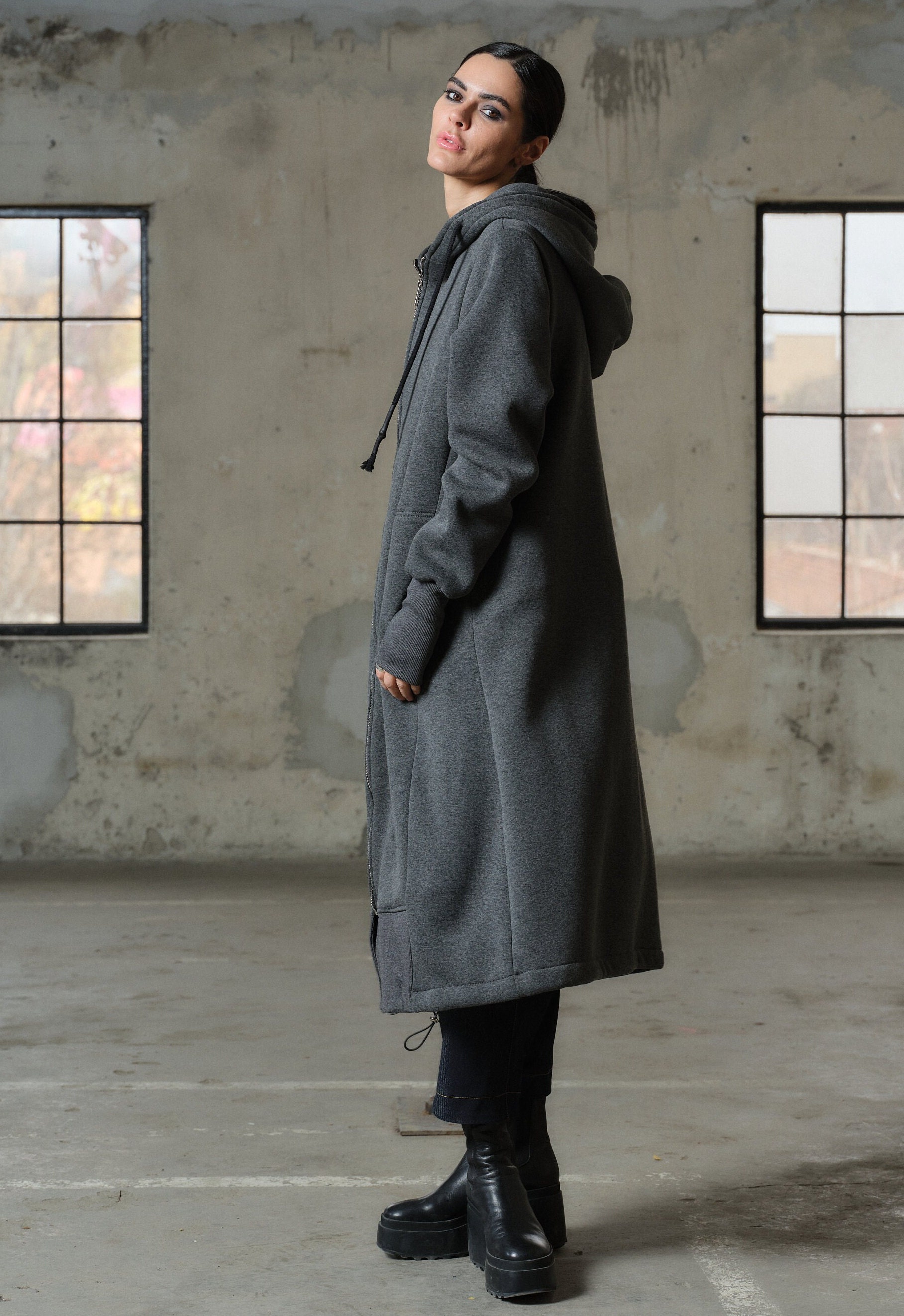 Oversized Quilted Organic Cotton Maxi Hoodie, Dark Gray Jacket - Etsy