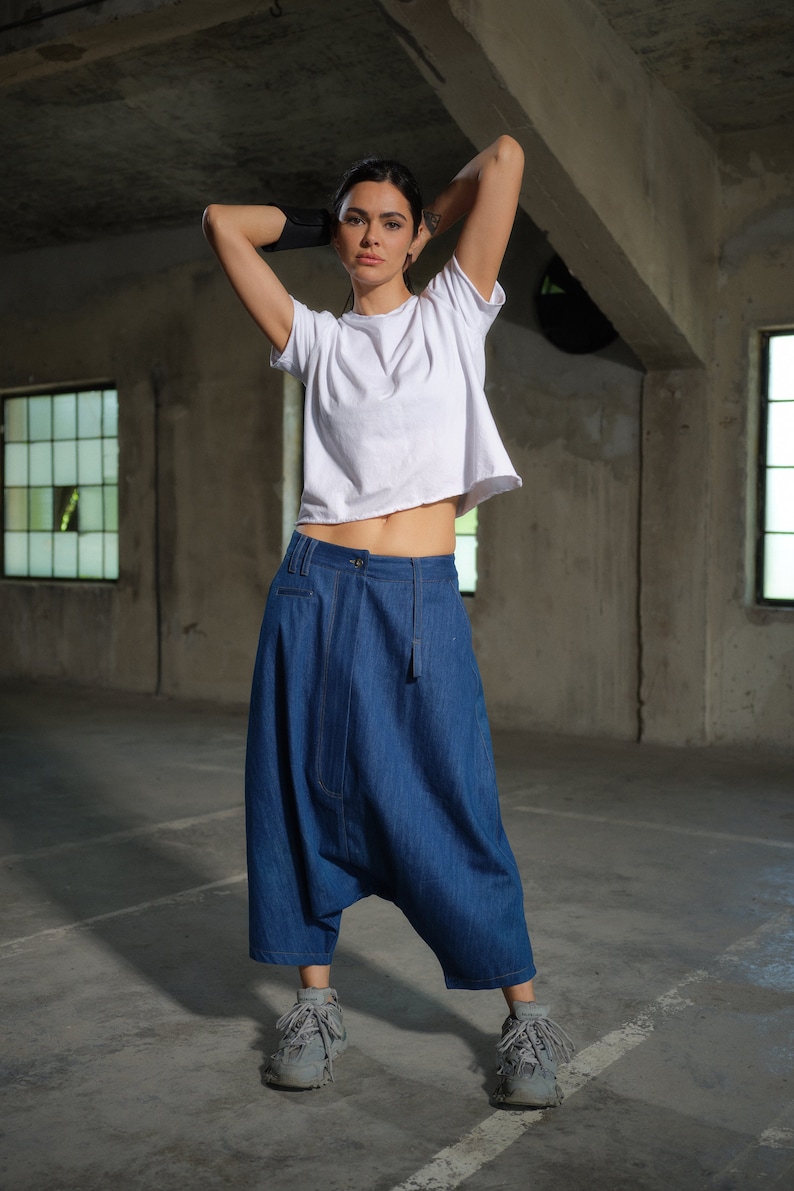 Avant garde Light Blue Denim Harem Pants with Asymmetrical Details, Drop Crotch Denim Pants Women, Baggy pants, Urban clothing image 1