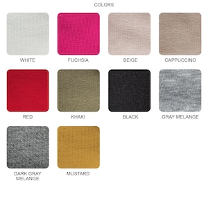 May include: Image showcasing a color palette for a fashion studio. The image displays fabric swatches in various colors, including white, fuchsia, beige, cappuccino, red, khaki, black, gray melange, dark gray melange, and mustard. The studio's logo is at the top.
