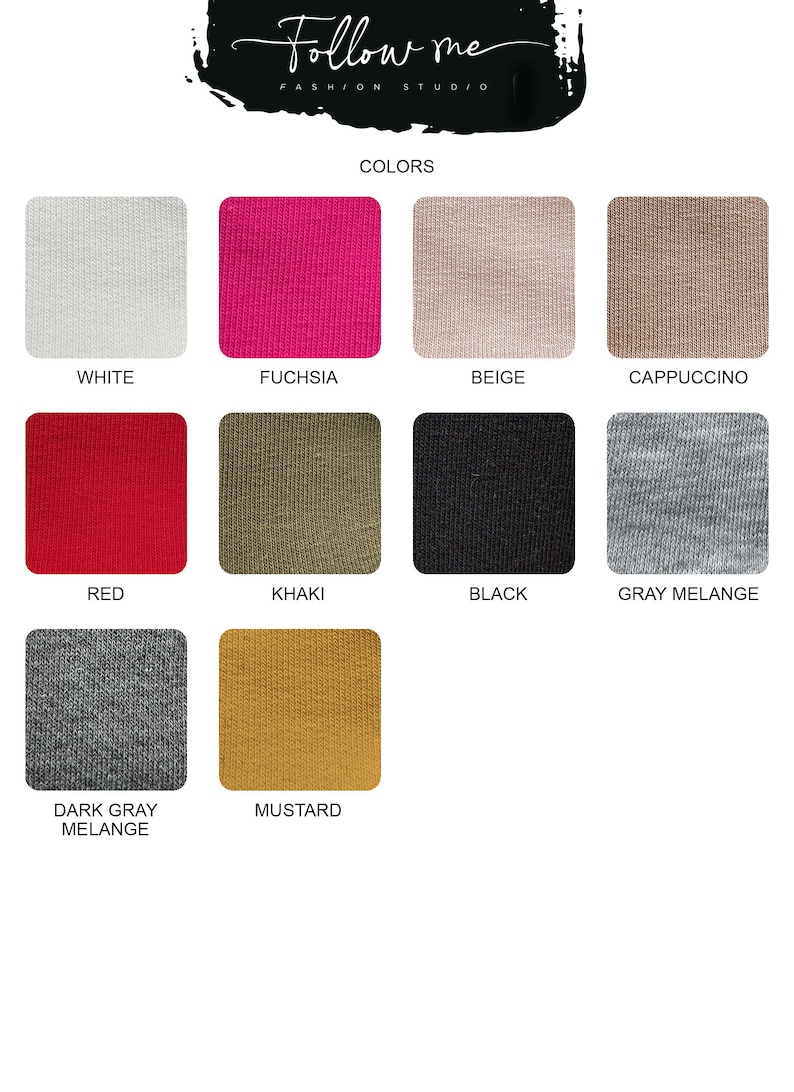 May include: Image showcasing a color palette for a fashion studio. The image displays fabric swatches in various colors, including white, fuchsia, beige, cappuccino, red, khaki, black, gray melange, dark gray melange, and mustard. The studio's logo is at the top.