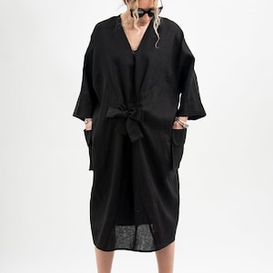 Black linen dress with ribbon, womens linen clothing maternity dress, Black linen kimono dress, Japanese inspired kimono with belt image 2