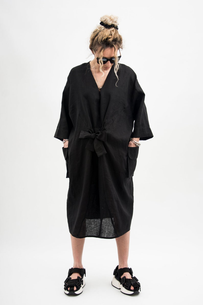 Black linen dress with ribbon, womens linen clothing maternity dress, Black linen kimono dress, Japanese inspired kimono with belt image 2