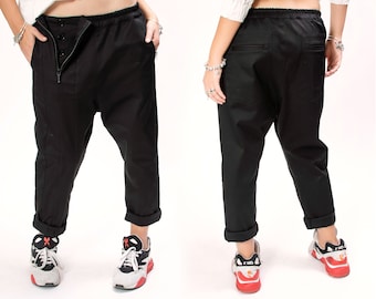 Schwarze Jeanshose für Frauen, Haremshose Frauen, Baggy Damenhose, locker sitzende Hose Avantgarde Kleidung