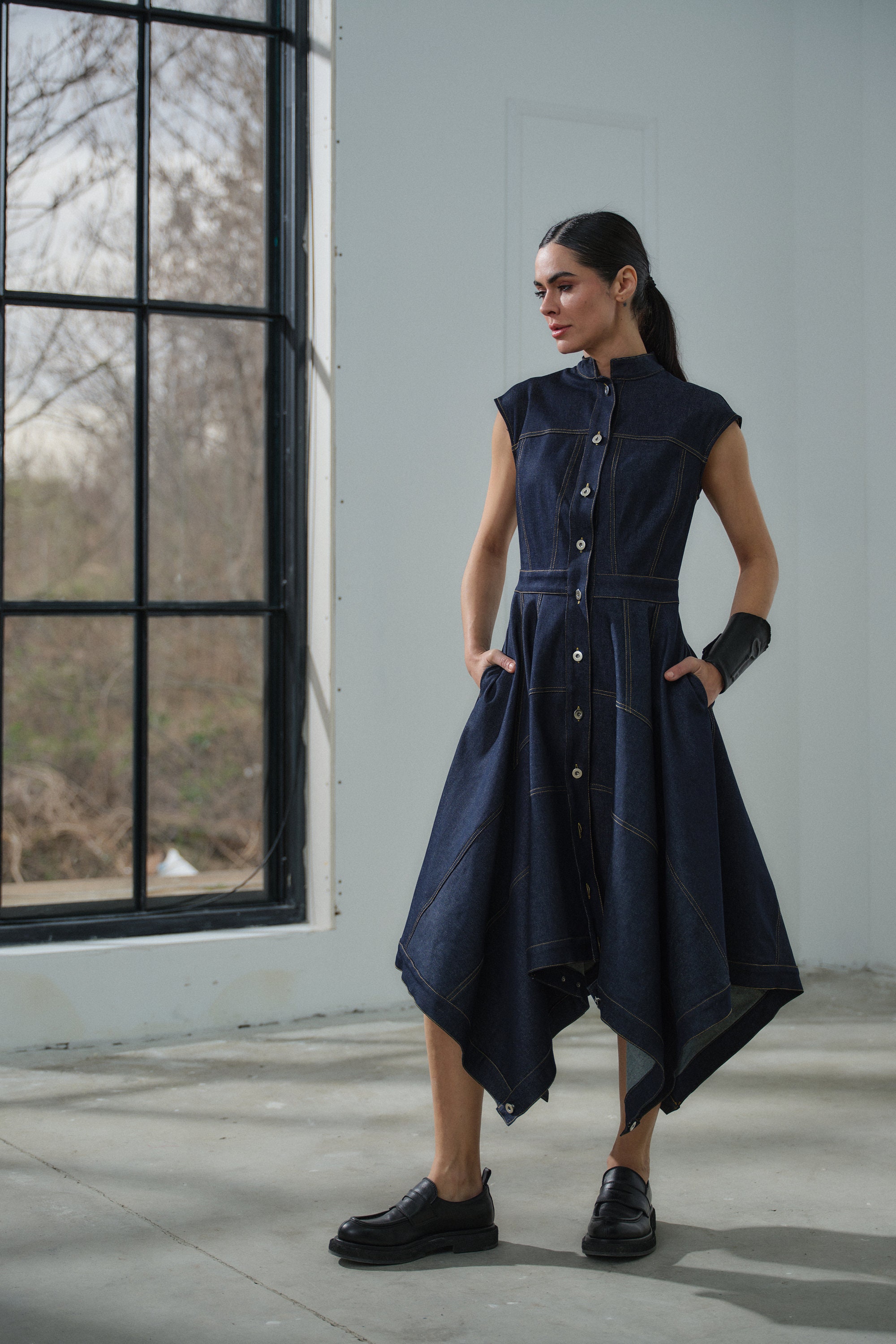 Asymmetrical Flared Denim Dress, Denim Cargo Dress, Fit and Flare 