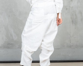 Weiße Leinen Harajuku Hose Frauen, Avantgarde Hose mit tiefem Schritt Leinenbekleidung für Frauen, Leinenhose Frauen,