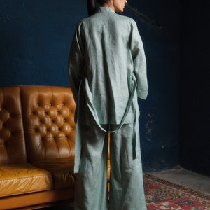 Japanese style linen kimono robe with belt, Linen clothing womens, Loose fit casual linen jacket in mint color, Plus size wrap housecoat image 9