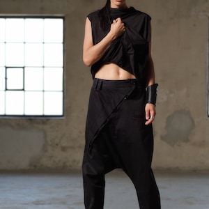 Black avant garde cotton drop crotch pants with asymmetrical buttons, Drop crotch pants women, Urban baggy trousers, Plus sizes available image 7