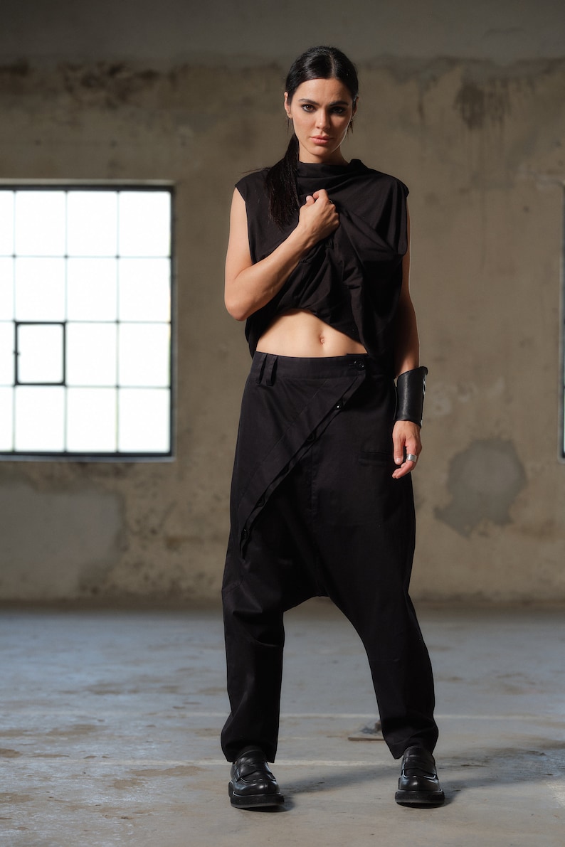 Black avant garde cotton drop crotch pants with asymmetrical buttons, Drop crotch pants women, Urban baggy trousers, Plus sizes available image 7