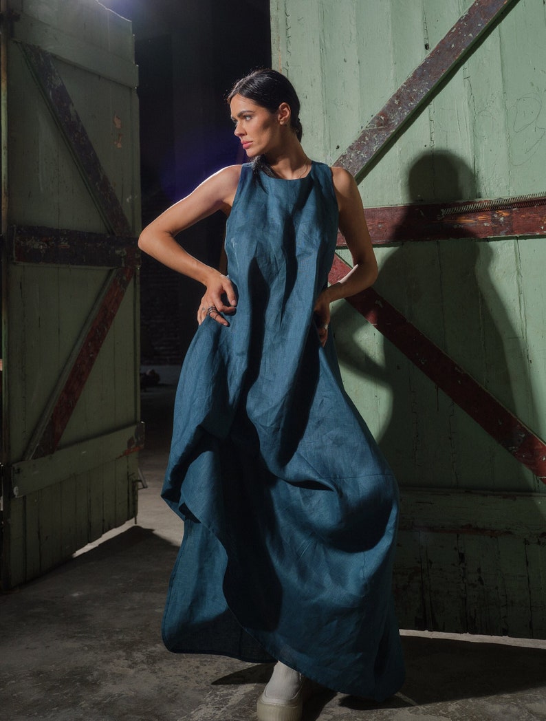 Petroleum blue summer linen maxi dress, Asymmetrical kaftan, Linen boho dress, Sustainable linen clothing, Slow fashion image 1