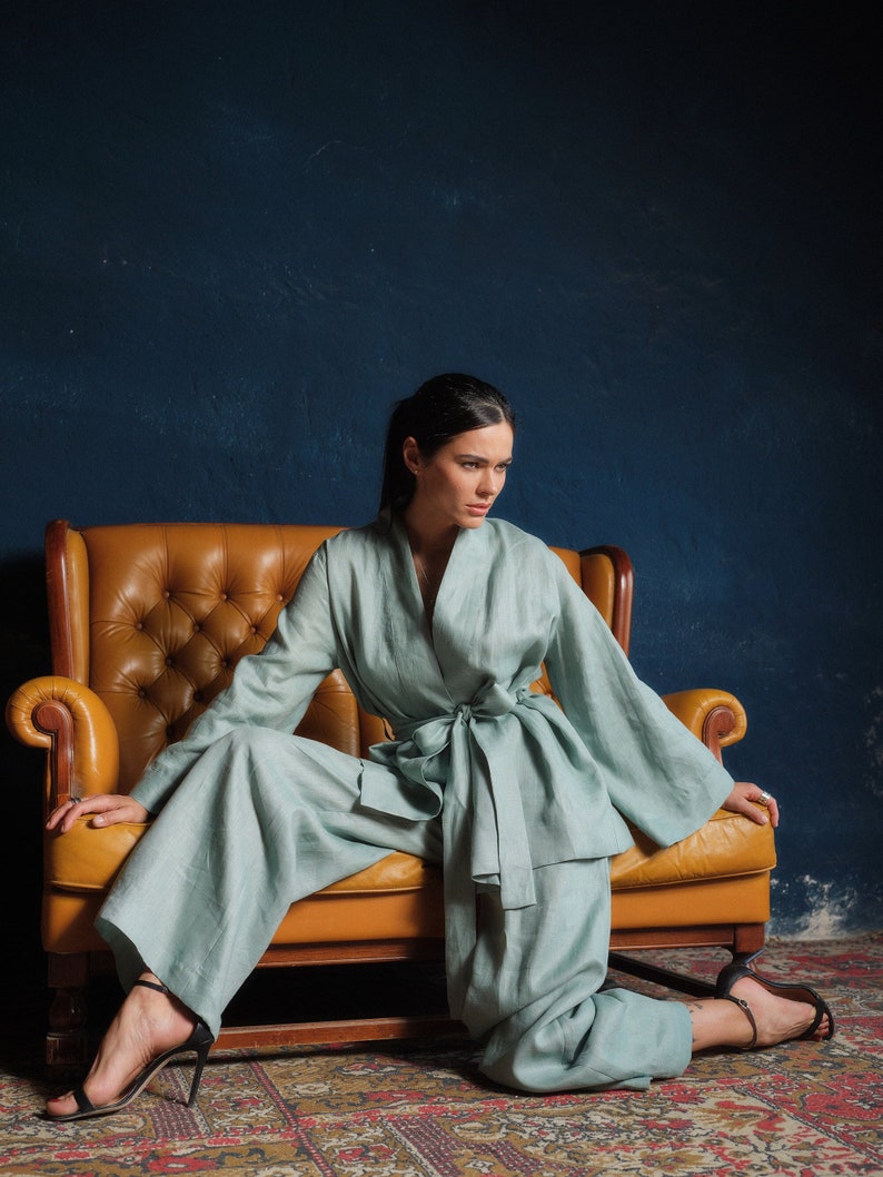 Wide leg linen pants women, Linen clothing, Green tea palazzo pants, Summer boho pants, Plus sizes available, Organic clothing, Slow fashion