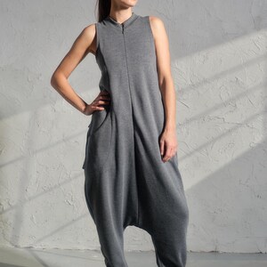 Asymmetrical set of two - cotton turtleneck top and drop crotch jumpsuit in dark grey color, Organic women's avante garde plus size clothing
