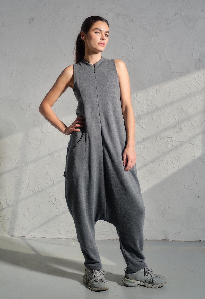 Asymmetrical set of two - cotton turtleneck top and drop crotch jumpsuit in dark grey color, Organic women's avante garde plus size clothing