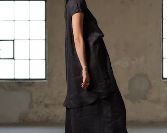 KLAAR VOOR VERZENDING, maat Xxl in kleur lichtbeige melange en wit, asymmetrische jurk avant-garde kleding vrouwen, plus size linnen midi-jurk