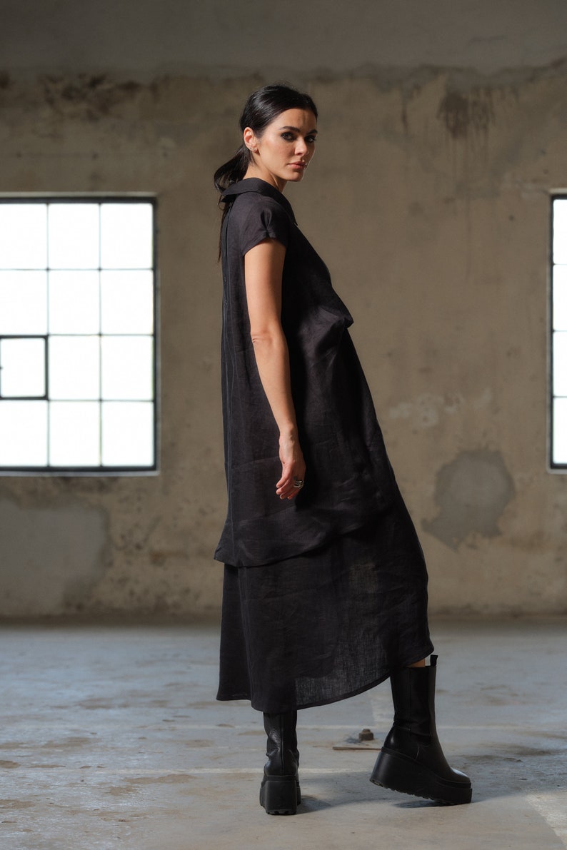 Black asymmetrical dress avant garde clothing women, Plus size midi linen dress womens, Capsule wardrobe, Linen clothing, Slow fashion