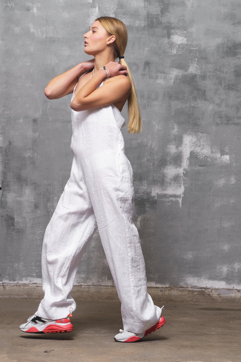 White linen jumpsuit womens, Wide leg linen overalls, Plus sizes available, Spaghetti straps jumpsuit, Summer boho oversized romper organic