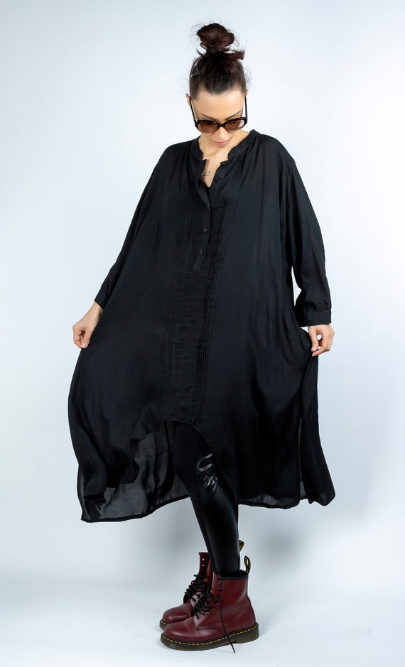 Black Plus Size Loose Shirt, Extravagant Shirt, Black Long Viscose