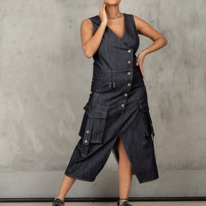 Denim cargo dress, Asymmetrical denim dress, Utility dress cargo pockets dress, Structured denim dress