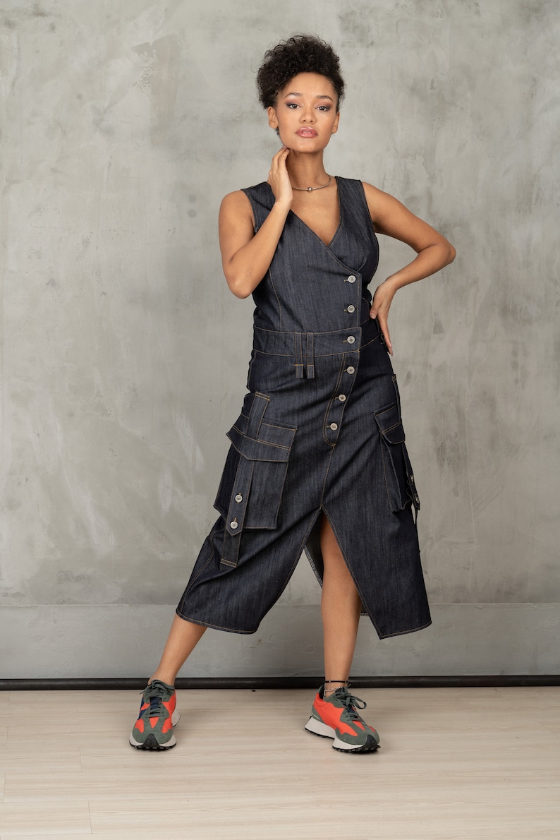 Denim cargo dress, Asymmetrical denim dress, Utility dress cargo pockets dress, Structured denim dress