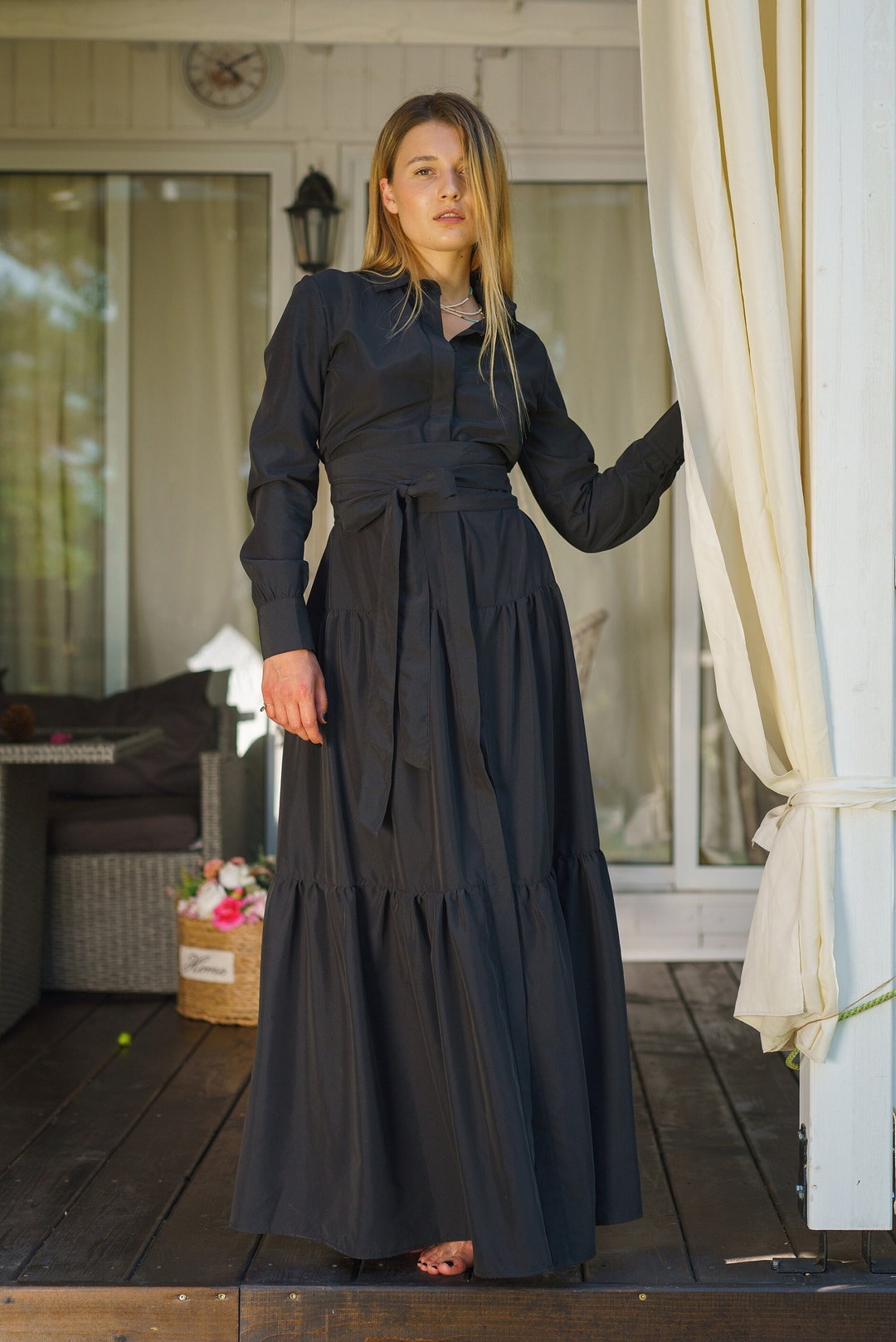 Black Modal Maxi Dress: Long Sleeve Boho Fall Wedding Guest Dress
