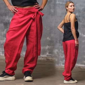 Linen elastic waist pants women, Linen clothing, Wrap linen pants women, Plus size clothing, Summer boho linen pants