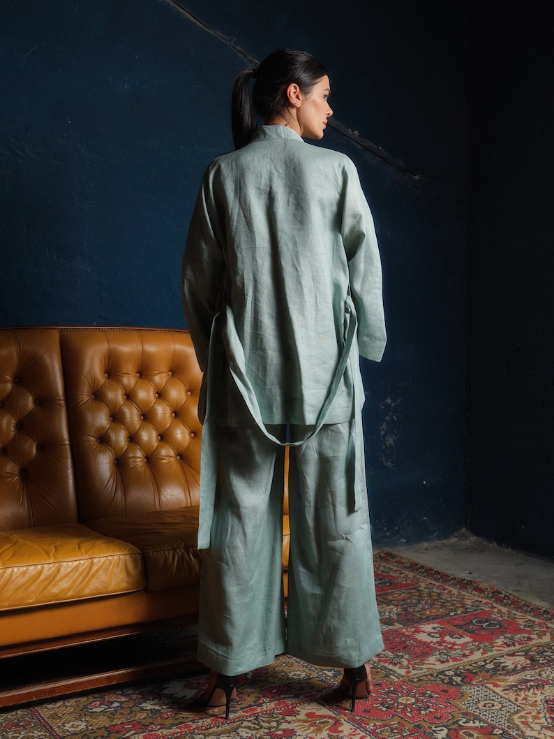 Wide leg linen pants women, Linen clothing, Green tea palazzo pants, Summer boho pants, Plus sizes available, Organic clothing, Slow fashion