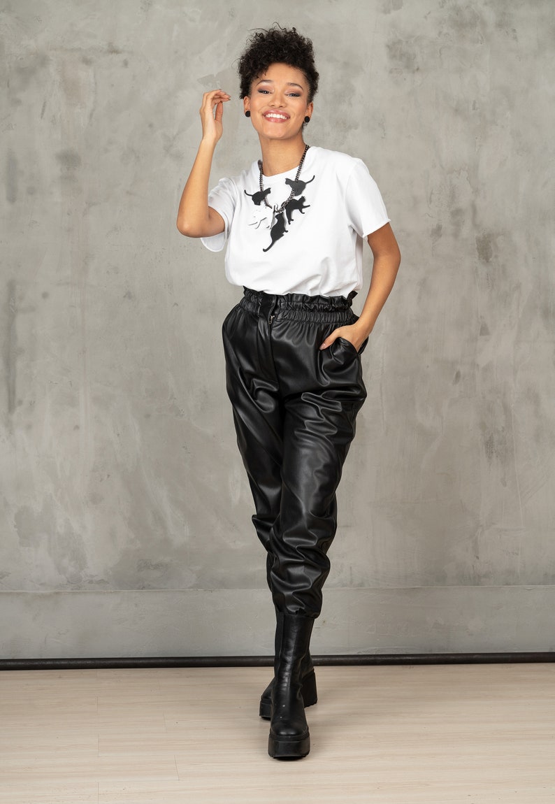 Black Vegan Leather Pants High Waisted Pants Women Goth Etsy