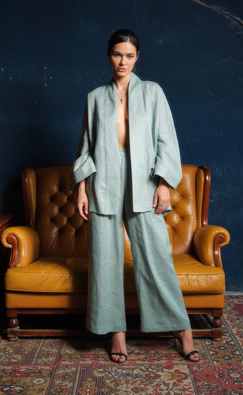 Wide leg linen pants women, Linen clothing, Green tea palazzo pants, Summer boho pants, Plus sizes available, Organic clothing, Slow fashion